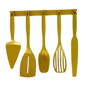 Vintage Foley 5-Piece Kitchen Utensil Set Harvest Gold Nylon With Wall Holder